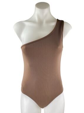 Bacio Women's Brown Rib Knit Sleeveless One Shoulder Yoga Bodysuit Tank Top Sz S